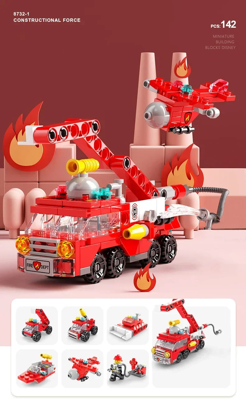 6-in-1 City Vehicle Building Blocks - Fire, Police, Crane Set