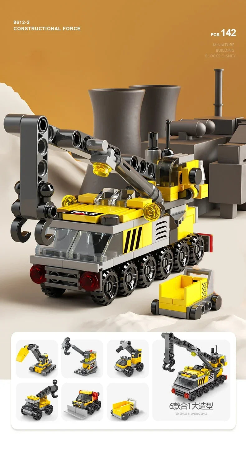 6-in-1 City Vehicle Building Blocks - Fire, Police, Crane Set